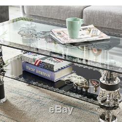 Modern Tempered Glass Coffee Table Clear Black Table With Shelf Living Room UK