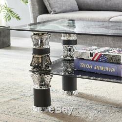 Modern Tempered Glass Coffee Table Clear Black Table With Shelf Living Room UK