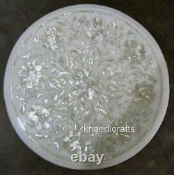 Mother of Pearl Inlay Work Coffee Table Top White Marble End table 15 Inches