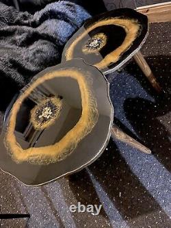 Nested Geode Resin Art Painting Black gold agate Coffee/side Table set