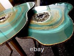 Nested Geode Resin Art Painting Emerald green Teal agate Coffee/side Table set
