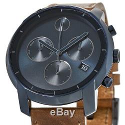 New Movado Bold Blue Chronograph Dial Cognac Brown Leather Men's Watch 3600476