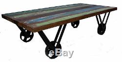 Old painted teak cart coffee table forged iron wheels