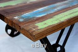 Old painted teak cart coffee table forged iron wheels