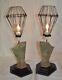 One Pair Of Upcycled Art Deco Style Table Lamps -cast Metal / Wood / Wire Shade