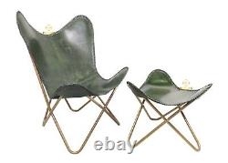 Openable Leather Butterfly Sling Chair & Ottoman, Green Leather Foot Stool