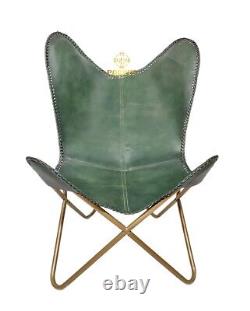 Openable Leather Butterfly Sling Chair & Ottoman, Green Leather Foot Stool