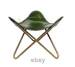 Openable Leather Butterfly Sling Chair & Ottoman, Green Leather Foot Stool