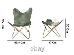 Openable Leather Butterfly Sling Chair & Ottoman, Green Leather Foot Stool