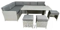 Outdoor Grey Rattan Garden Furniture 9 Seat Corner Sofa & Dining Table Patio Set