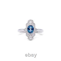 Oval Blue Topaz Art-Deco Style Ring in Sterling Silver, Size O 05-08-0015