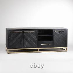 Pablo TV Unit Stand Art Deco Storage Cabinet Black Reclaimed Timber Gold Frame