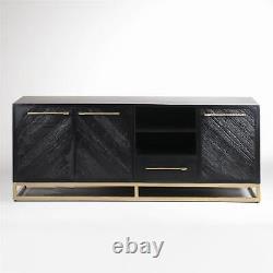 Pablo TV Unit Stand Art Deco Storage Cabinet Black Reclaimed Timber Gold Frame