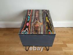 Painted retro reclaimed wood Side Table with industrial hairpin legs