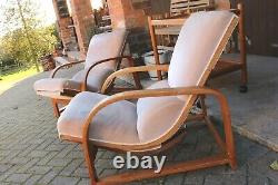 Pair Of Art Deco Heals Bentwood Recliner Chairs With Pull Out Foot Stool Velour