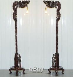 Pair Of Chinese Dragon 1920's Hand Carved Wood Floor Standing Lamps Part Of Set