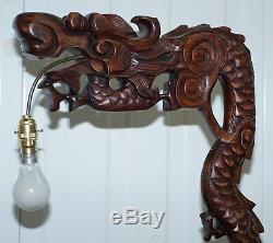 Pair Of Chinese Dragon 1920's Hand Carved Wood Floor Standing Lamps Part Of Set