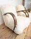 Pair Vintage Design Art Deco Ivory White Sheepskin Bentwood Armchair Chair