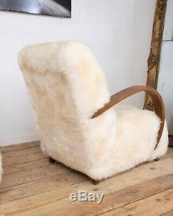 Pair Vintage Design Art Deco Ivory White Sheepskin Bentwood Armchair Chair