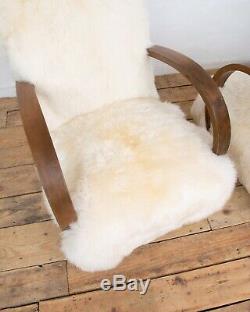 Pair Vintage Design Art Deco Ivory White Sheepskin Bentwood Armchair Chair