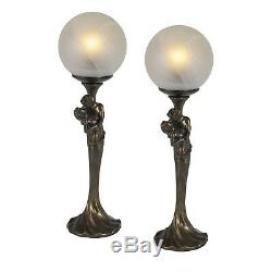 Pair/art Deco/nouveau Table Lamps 44.5cm Lover Figurines Glass Shades + Bulbs