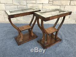 Pair of Art Deco Gilbert Rohde Style Walnut & Mirrored Etched Glass End Tables