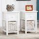 Pair Of Wooden Bedside Tables Shabby Chic White Drawers & Wicker Basket Cabinet