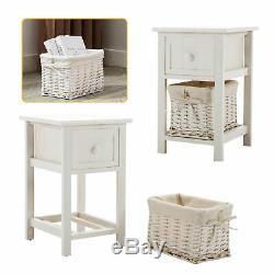 Pair of Wooden Bedside Tables Shabby Chic White Drawers & Wicker Basket Cabinet