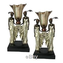 Pair/table Lamps Art Nouveau/deco H52cm Twin Lady Figurines Resin Shades
