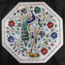 Peacock Pattern Inlay Work Coffee Table Top Octagon White Marble Breakfast Table