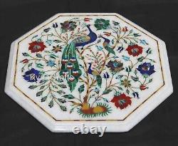 Peacock Pattern Inlay Work Coffee Table Top Octagon White Marble Breakfast Table