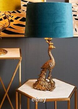 Peacock Table Lamp Teal Velvet Shade Aged Antique Gold Brass Deco Light 65cm
