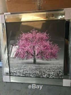 Pink Blossom Tree 3D Glitter Picture in mirrored frame