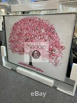 Pink blossom tree picture in mirrored frame with glitter art detail