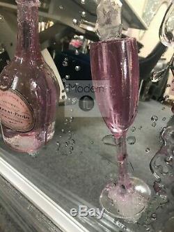 Pink rose champagne and flutes 3D glitter art mirrored picture, modern picture
