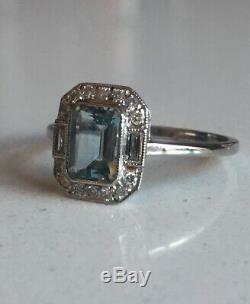 Platinum Art Deco Style Aquamarine & Diamond Ring 1ct Aqua + 0.20ct Diamond