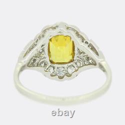 Platinum Cluster Ring- Art Deco Style Yellow Sapphire and Diamond Ring Platinum