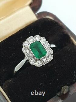 Platinum Emerald & Diamond Ring ART DECO style Size O