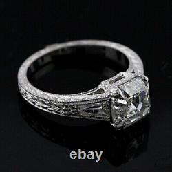 Platinum Unique Art Deco Style Engagement Ring Asscher Cut Hand Engraved Mountin