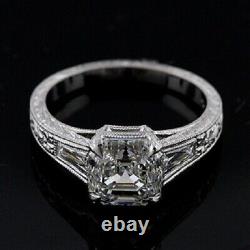 Platinum Unique Art Deco Style Engagement Ring Asscher Cut Hand Engraved Mountin