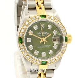 ROLEX Oyster Perpetual 18k & Steel Datejust 26mm Green MOP Dial Diamond Watch