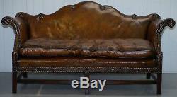 Rare Restored Camel Back Chippendale Buttoned Chesterfield Sofa Brown Leather