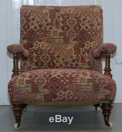 Rare Victorian Walnut Framed Kilim Upholstered Howard Library Reading Armchair