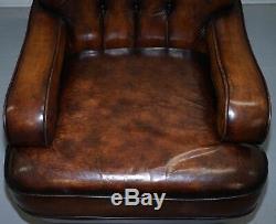 Restored Pair, Chesterfield Hand Dyed Cigar Brown Leather Scroll Back Armchairs