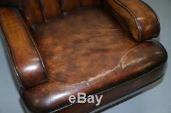 Restored Pair, Chesterfield Hand Dyed Cigar Brown Leather Scroll Back Armchairs