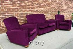 Retro 1930's/ 1940's Art Deco Style Three Piece Lounge Suite Settee Sofa Purple