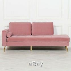 Retro Art Deco Style Pink Velvet Chaise Longue With Gold Legs Lounge Day Bed