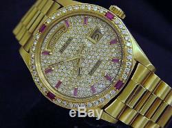 Rolex Mens Day-Date President Solid 18K Yellow Gold Watch Quickset Pave Diamond