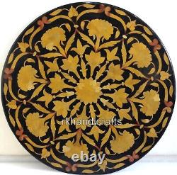 Round Black Coffee Table Top Inlaid with Unique Pattern Living Room Side Table