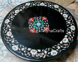 Round Black Marble Coffee Table Top Mosaic Art Patio Sofa Table 24 Inches